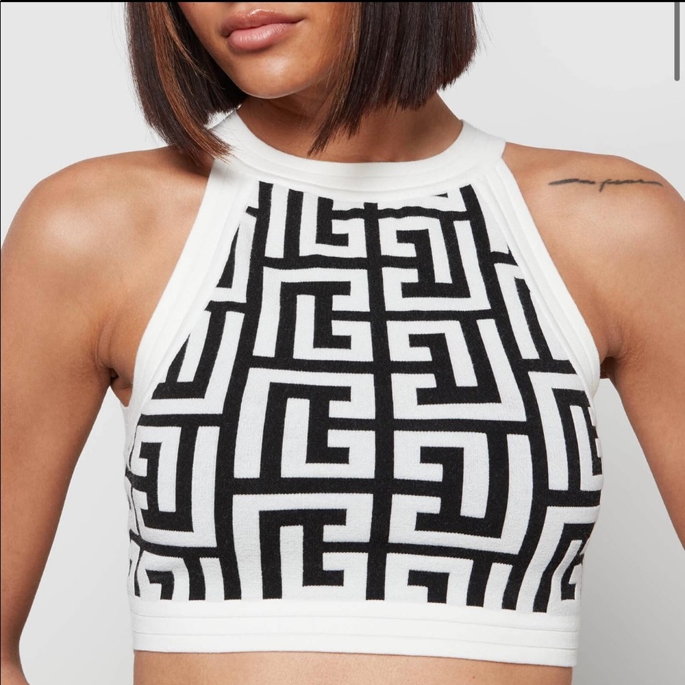 Black and white knit crop top with Balmain monogram